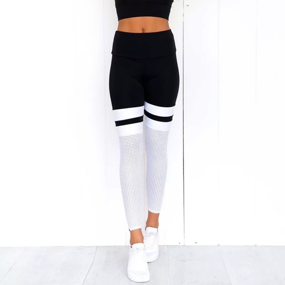 🖤 SPORTY CHIC 🖤 MESH THIGH STRIPED LEGGINGS - Picture 3 of 7